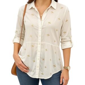 Solitaire White Gold Dragonfly Button Down Blouse Women's Small Rayon Hi Low Hem